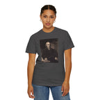 Female model wearing Samuel Adams mezzotint portrait t-shirt in graphite
