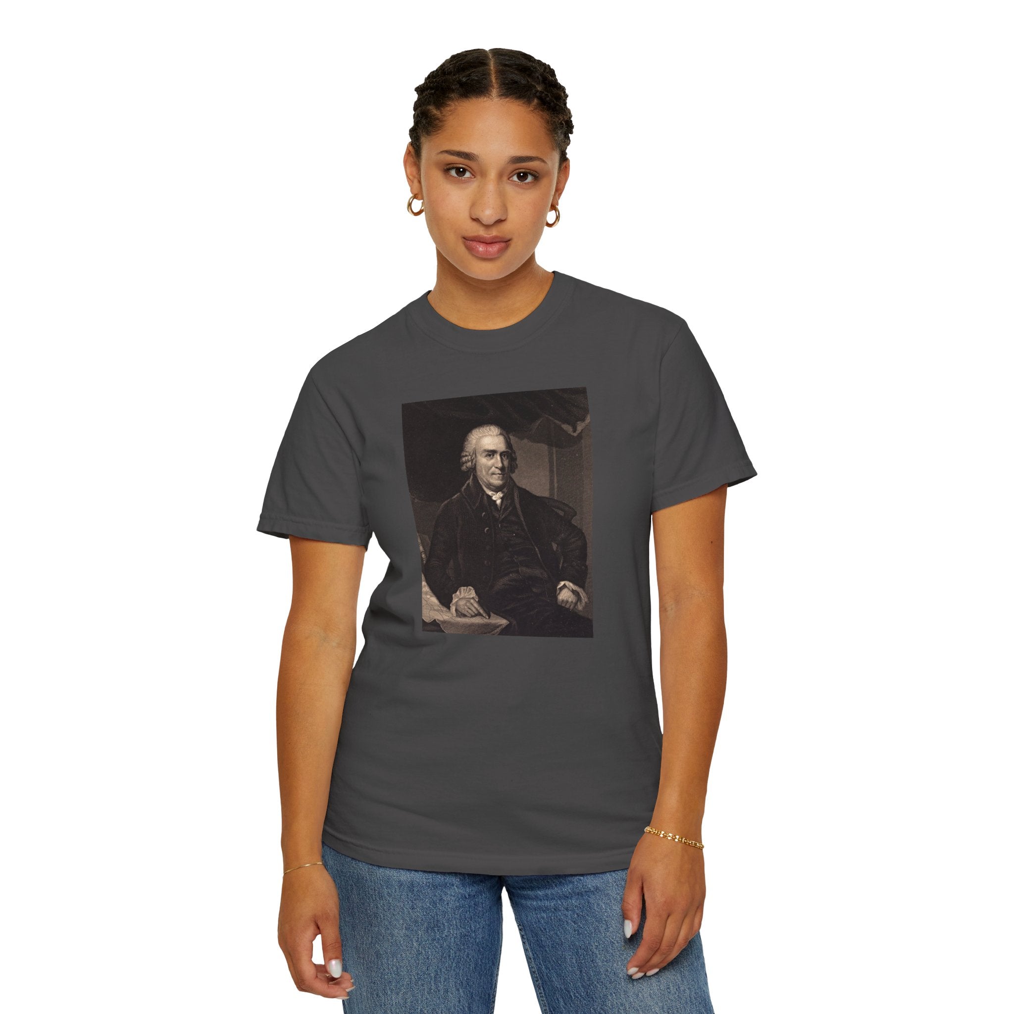 Female model wearing Samuel Adams mezzotint portrait t-shirt in graphite