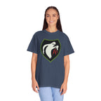 Woman wearing an oversized Ghost Army t-shirt in midnight