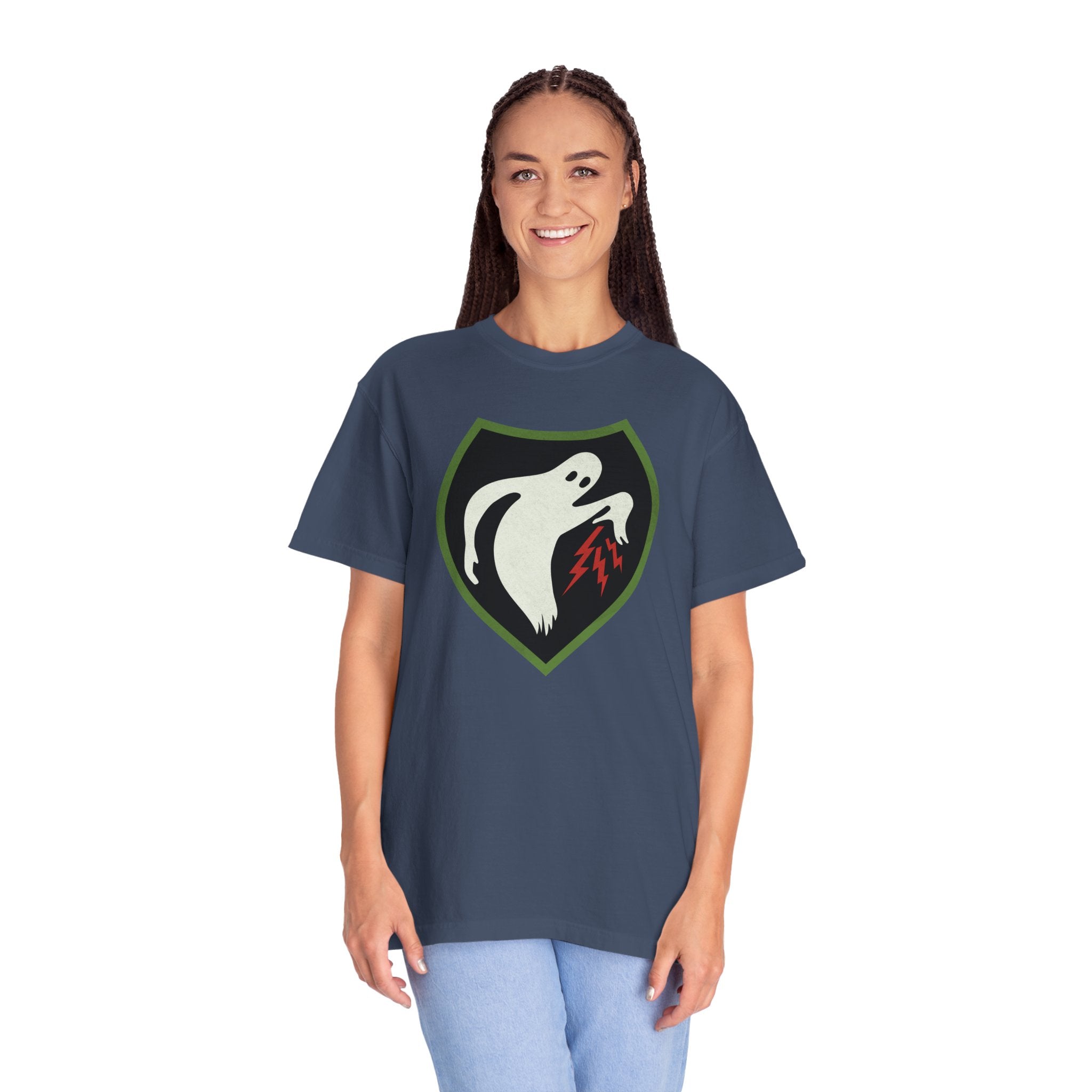 Woman wearing an oversized Ghost Army t-shirt in midnight