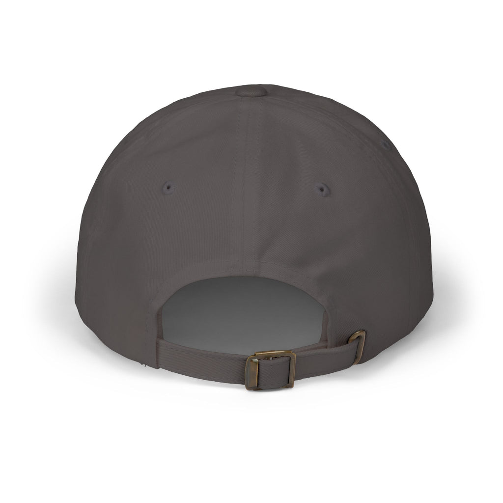 Back view of a dark grey cap with an antique brass buckle