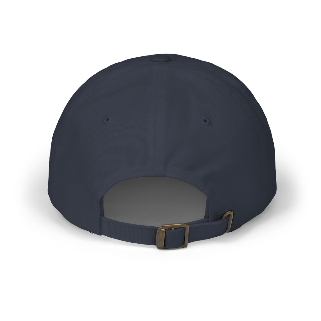 Back view of a navy blue cap with an antique brass buckle 