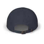 Back view of a navy blue cap with an antique brass buckle 