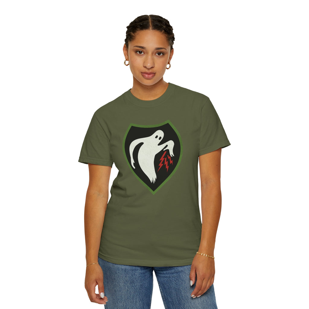 Woman wearing Ghost Army patriotic t-shirt in hemp