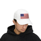 Man wearing white dad cap embroidered with Betsy Ross Flag