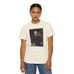 Female model wearing Samuel Adams mezzotint portrait t-shirt in ivory