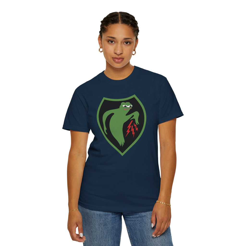 Female model wearing Apu Ghost Army meme t-shirt in true navy