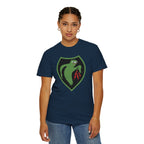 Female model wearing Apu Ghost Army meme t-shirt in true navy