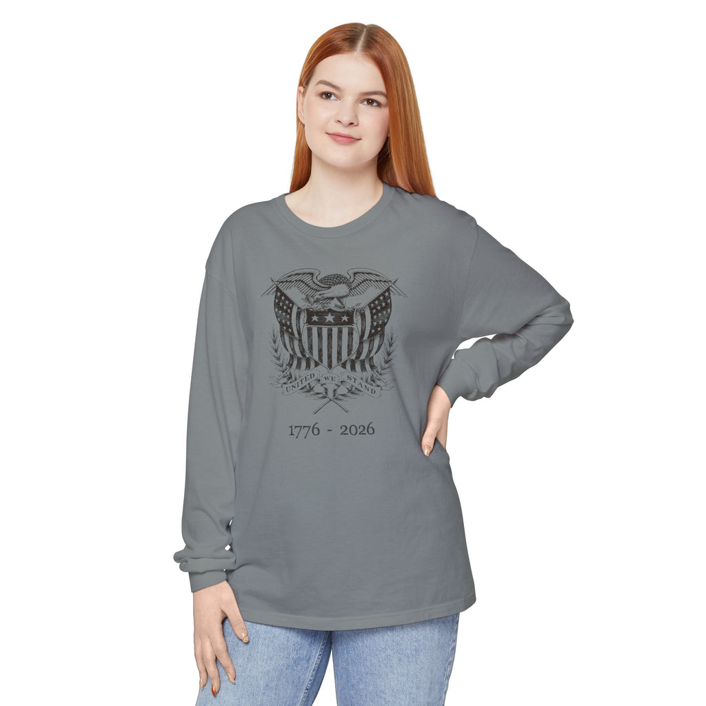 Woman wearing a Granite long sleeve United We Stand eagle t-shirt
