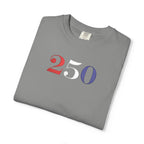 Folded granite-colored t-shirt with '250' embroidered in red, white, and blue