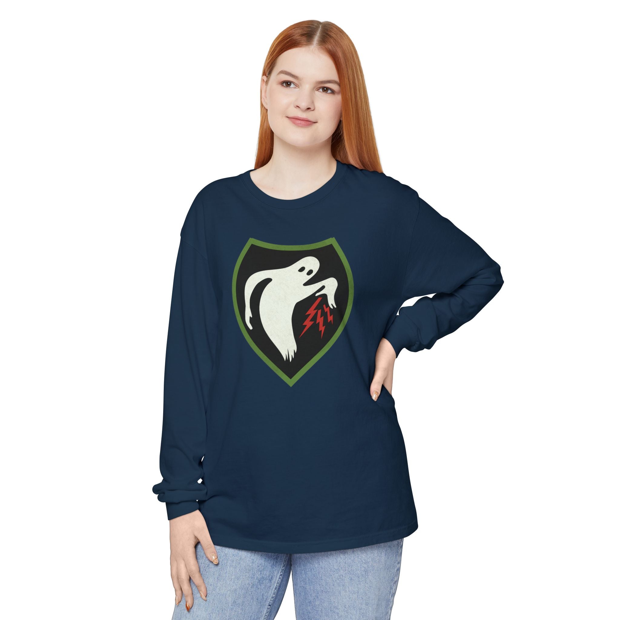 Woman wearing Ghost Army patriotic long sleeve t-shirt in true navy