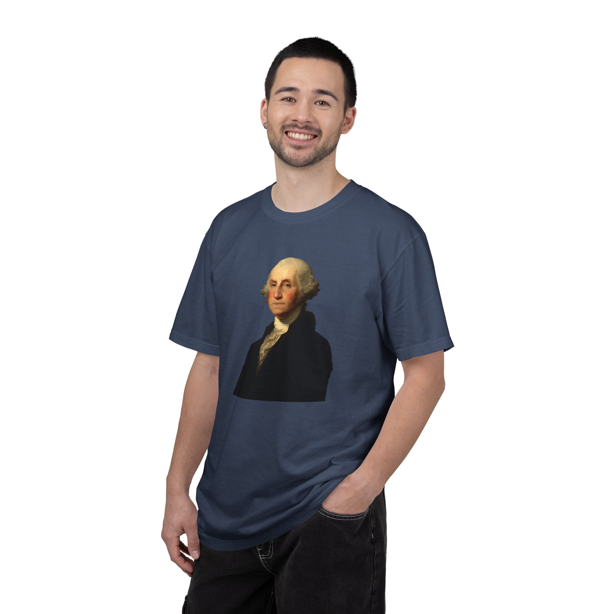 Man wearing George Washington patriotic t-shirt in midnight