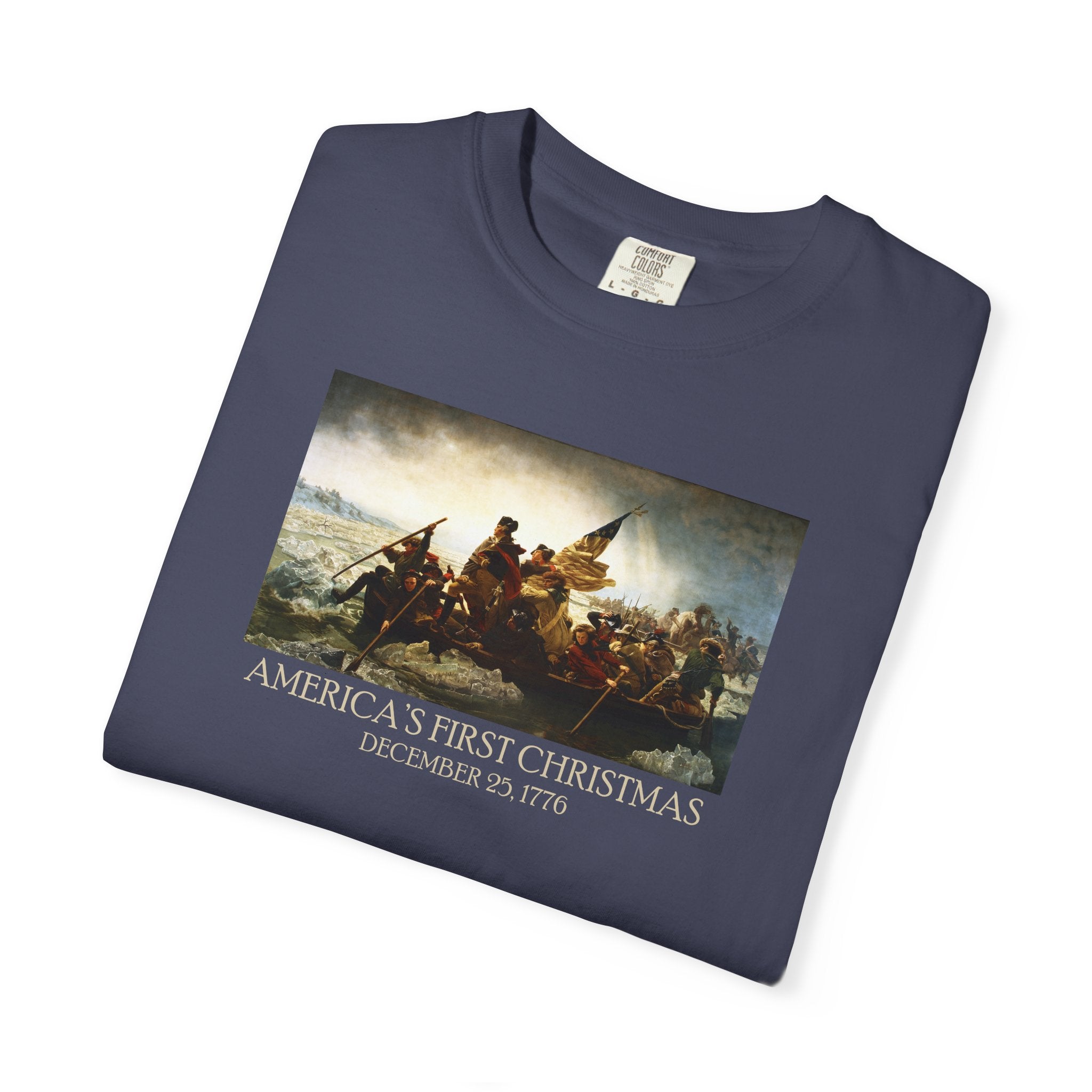 Folded America's First Christmas meme t-shirt Washington Crossing the Delaware 1776 patriotic design in denim