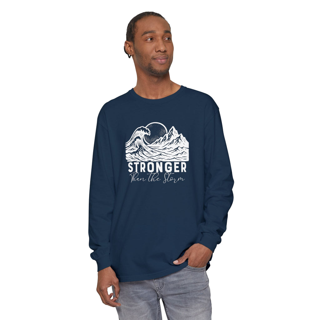 Male model in Stronger Than The Storm Christian long sleeve tee in true navy
