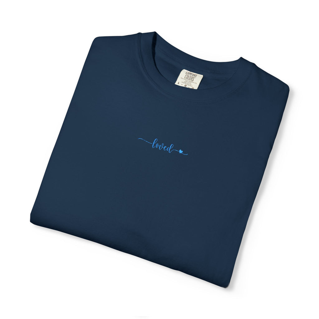 folded 'loved' embroidered t-shirt in true navy