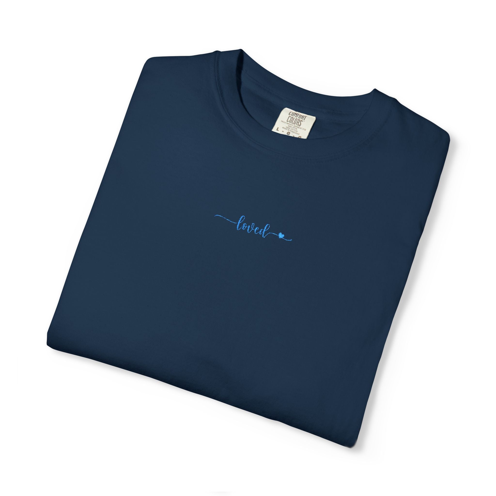 folded 'loved' embroidered t-shirt in true navy