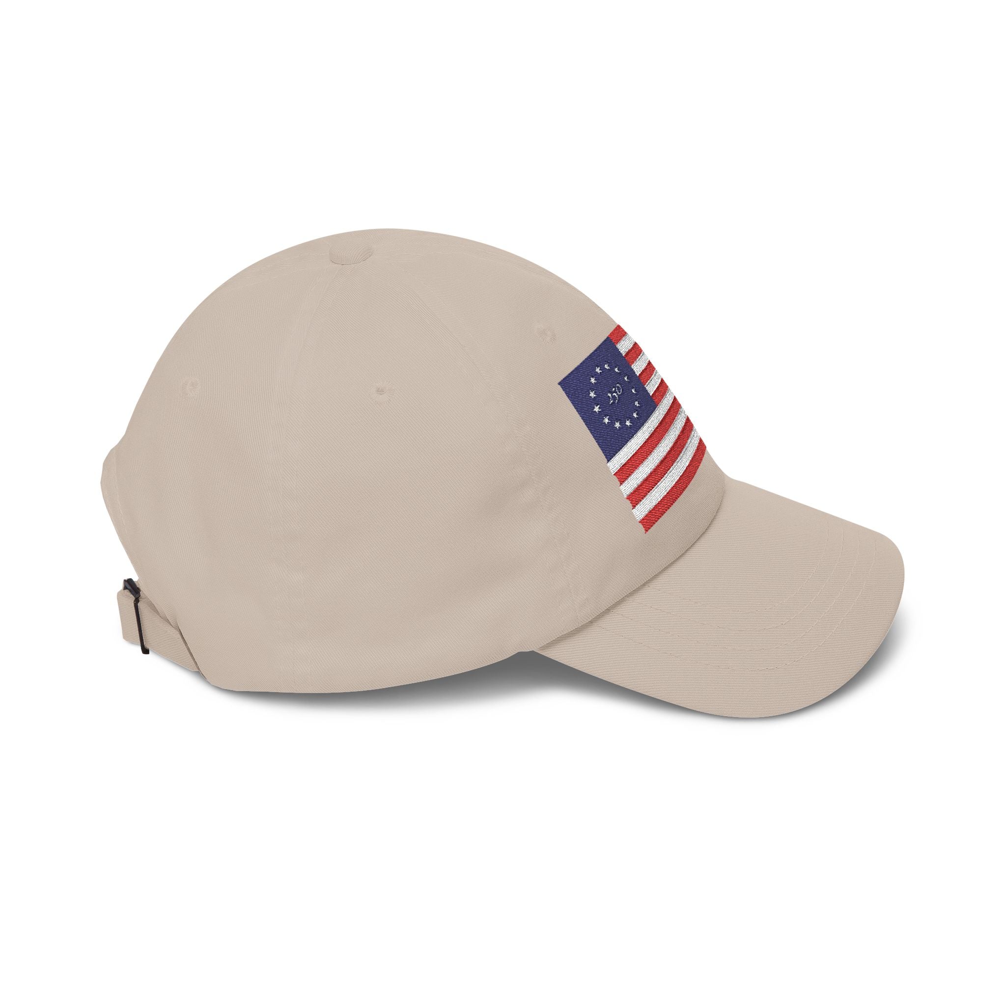 Right side view of stone cap embroidered with Betsy Ross Flag