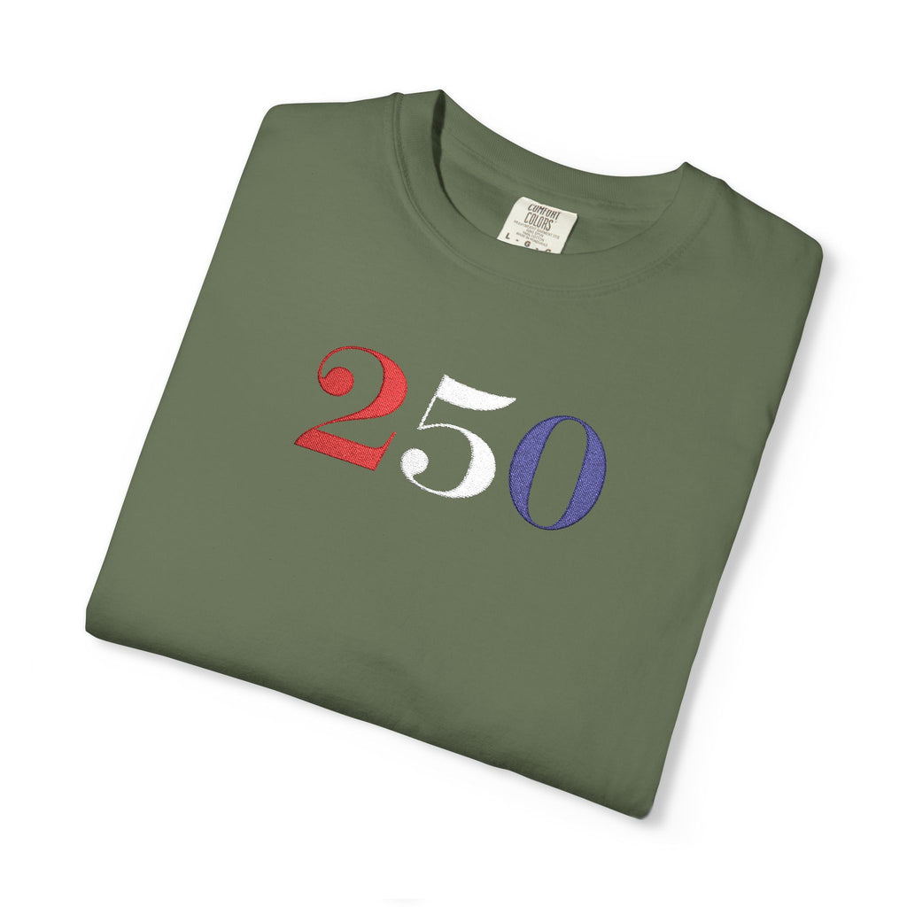 Folded sage-colored t-shirt with '250' embroidered in red, white, and blue