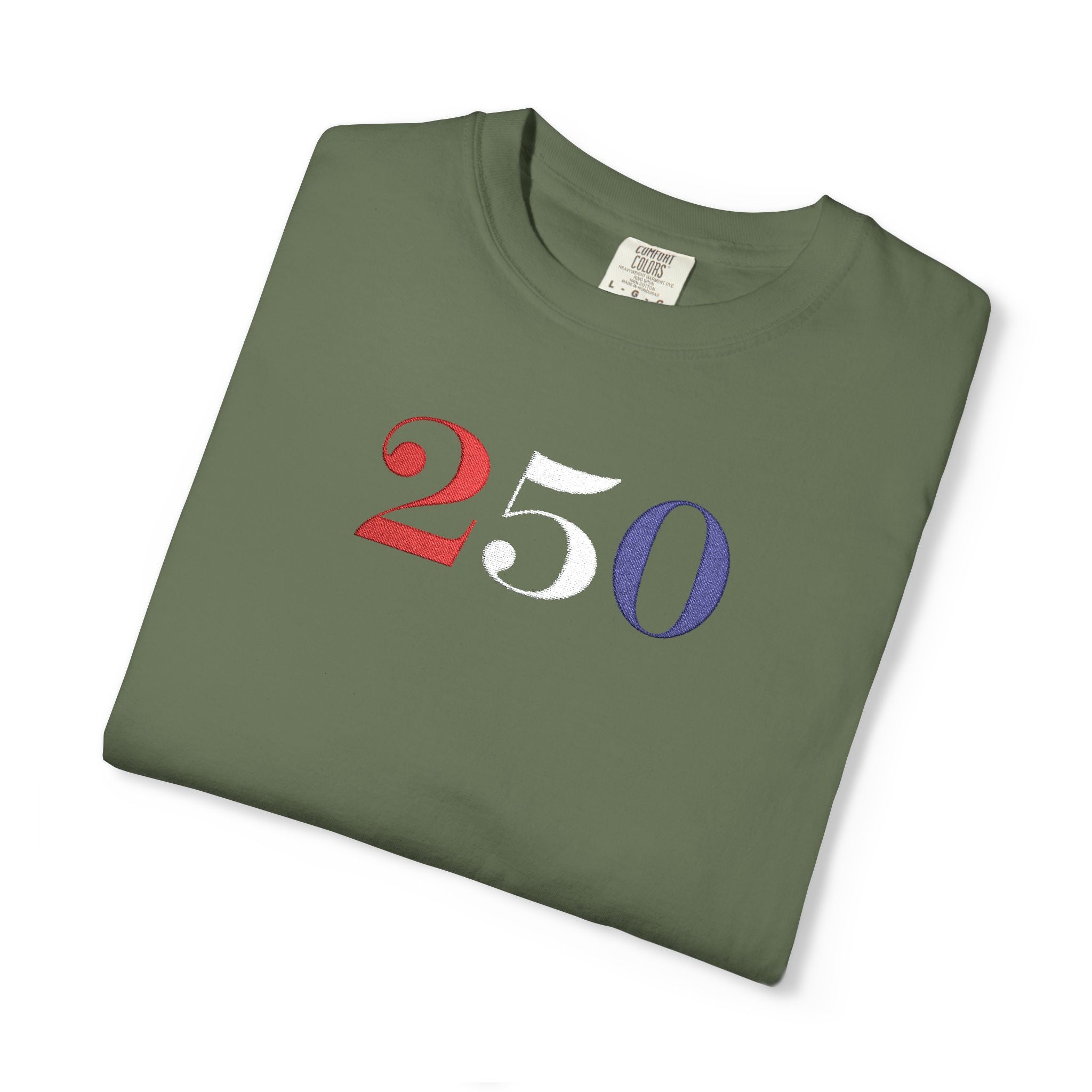 Folded sage-colored t-shirt with '250' embroidered in red, white, and blue