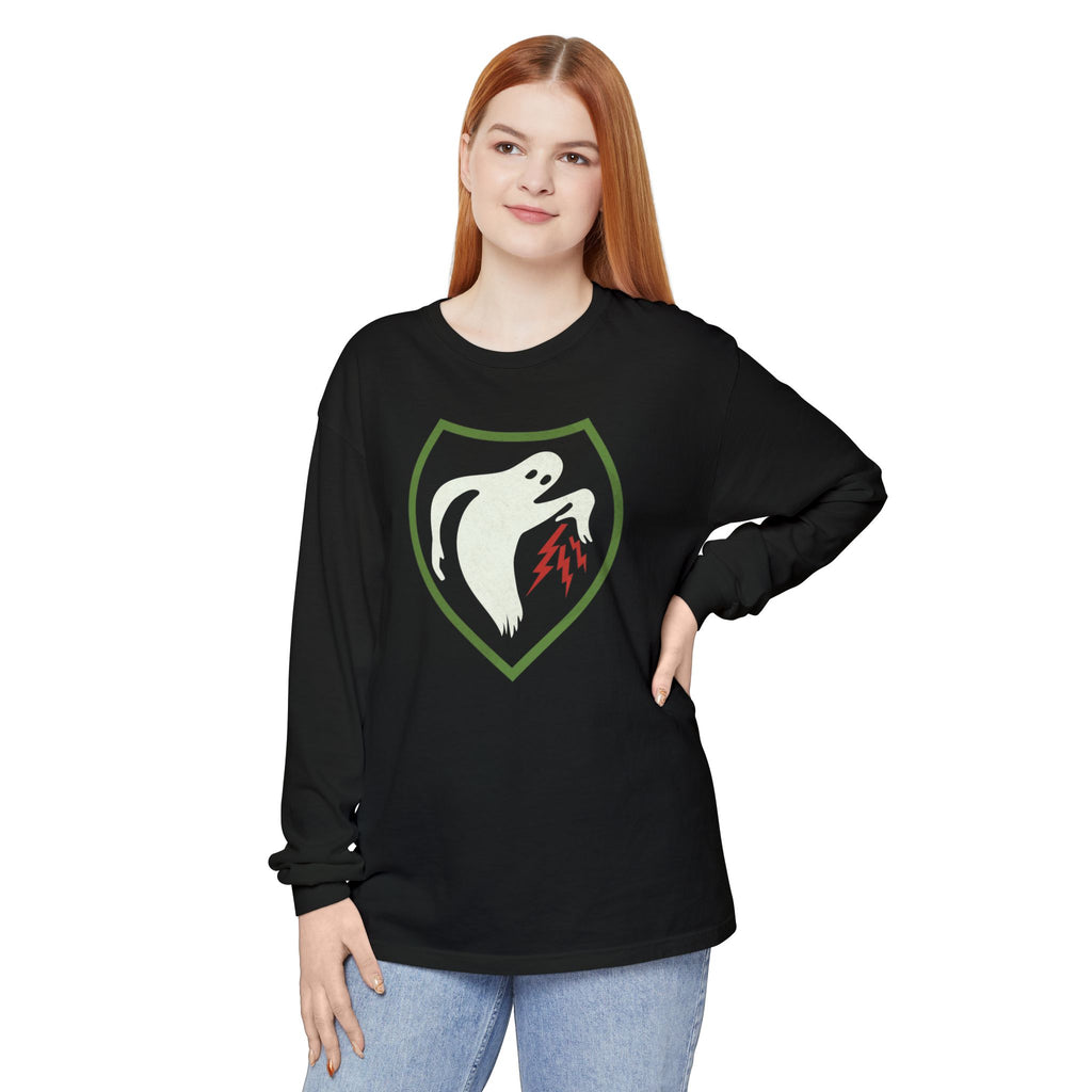 Woman wearing Ghost Army patriotic long sleeve t-shirt in black
