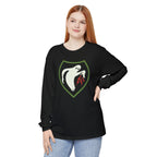 Woman wearing Ghost Army patriotic long sleeve t-shirt in black