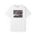 White Comfort Colors t-shirt printed with a montage of four revolutionary war era paintings