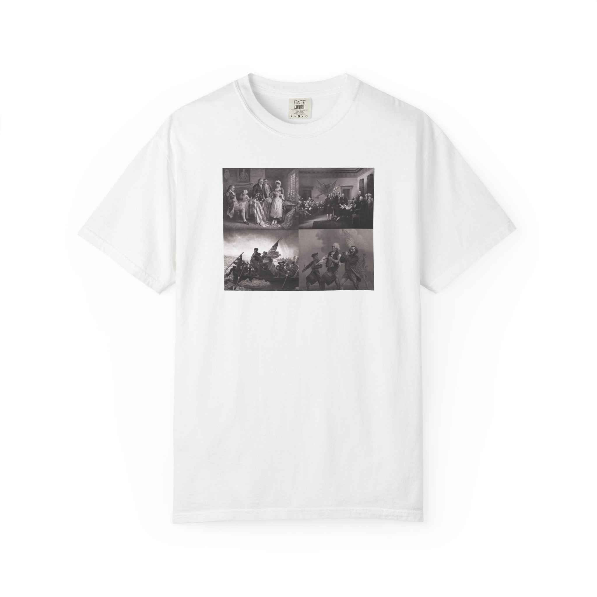 White Comfort Colors t-shirt printed with a montage of four revolutionary war era paintings