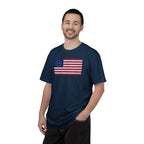 Male model wearing distressed 1776 Betsy Ross flag t-shirt in true navy