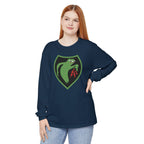 Female model wearing Apu Ghost Army long sleeve t-shirt in true navy