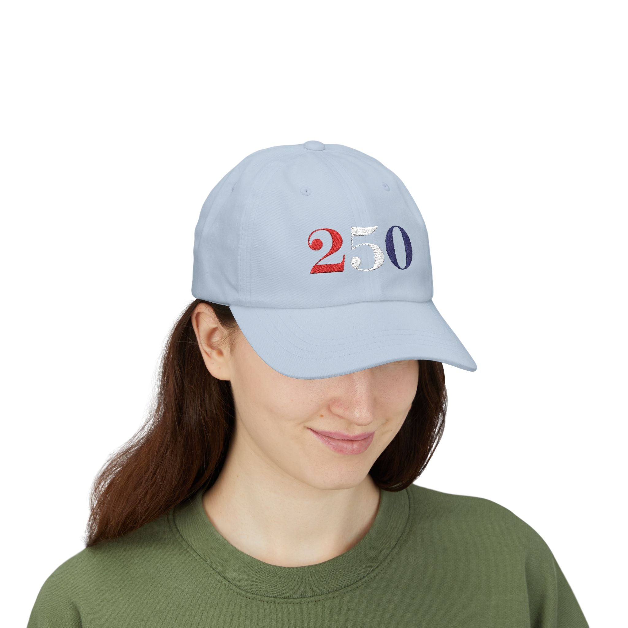 Female model wearing embroidered America 250 bold embroidered dad cap in light blue