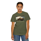Woman wearing a Hemp Comfort Colors t-shirt with print of Emanuel Leutze’s 'Washington Crossing the Delaware' with 'America's First Christmas December 25, 1776' printed below 