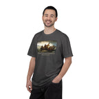 Smiling man wearing a Graphite Comfort Colors t-shirt with print of Emanuel Leutze’s 'Washington Crossing the Delaware' with 'America's First Christmas December 25, 1776' printed below 