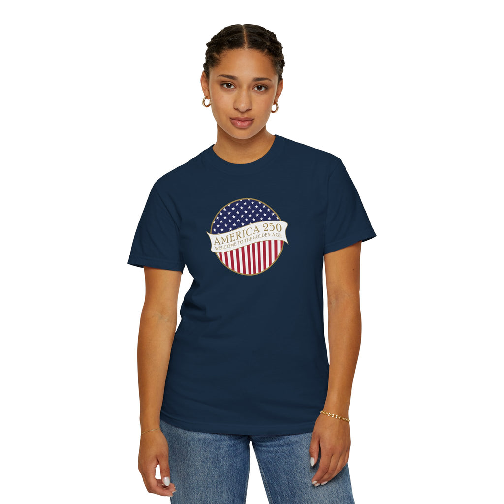 Woman wearing a True Navy Comfort Colors t-shirt with an America 250 design with text 'America 250 Welcome to the Golden Age'