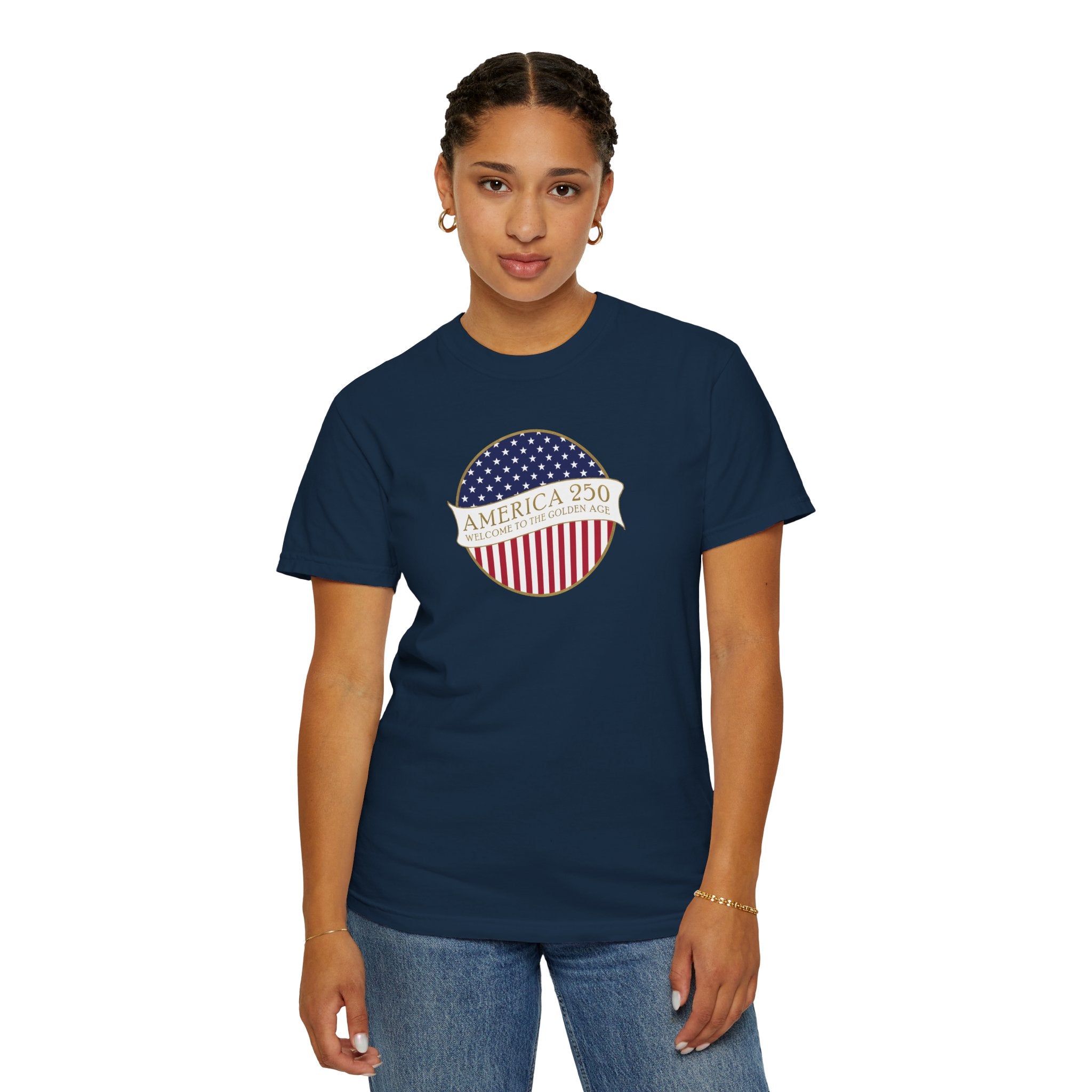 Woman wearing a True Navy Comfort Colors t-shirt with an America 250 design with text 'America 250 Welcome to the Golden Age'
