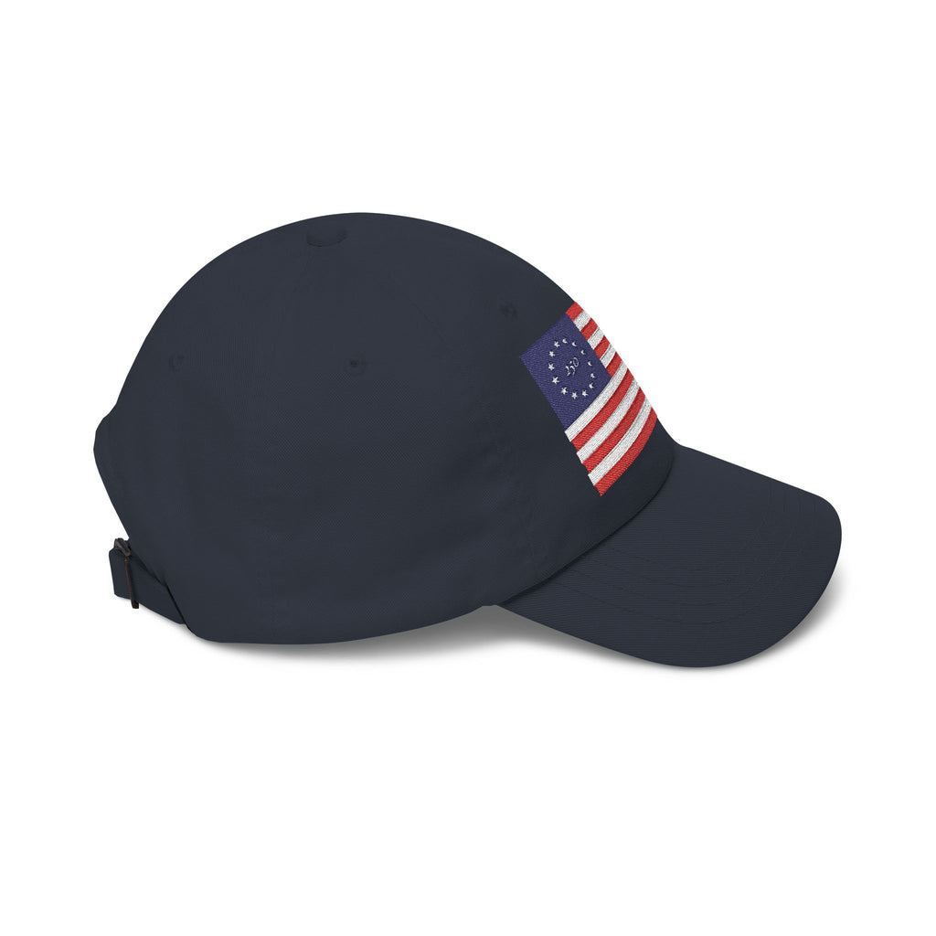 Right side view of navy cap embroidered with Betsy Ross Flag