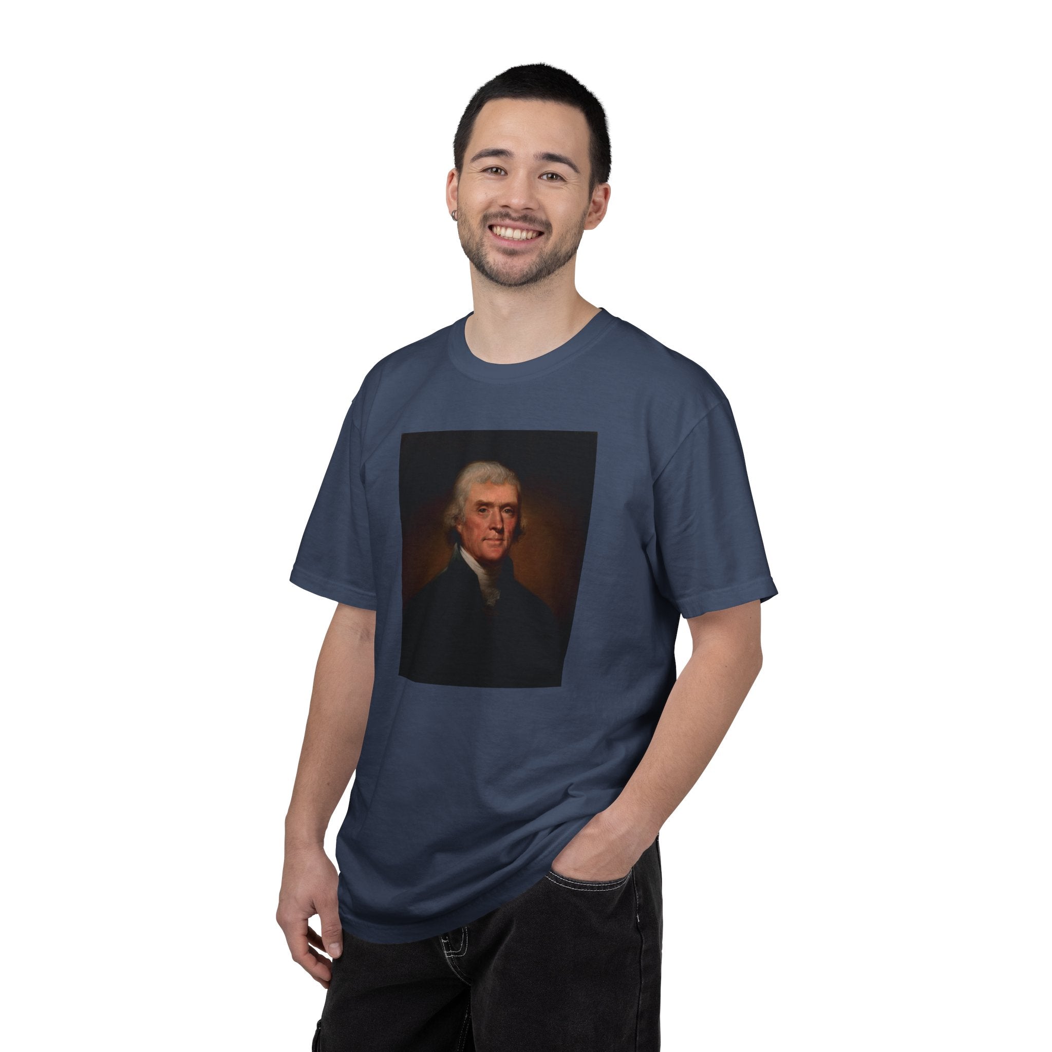 Man wearing Thomas Jefferson portrait t-shirt, midnight