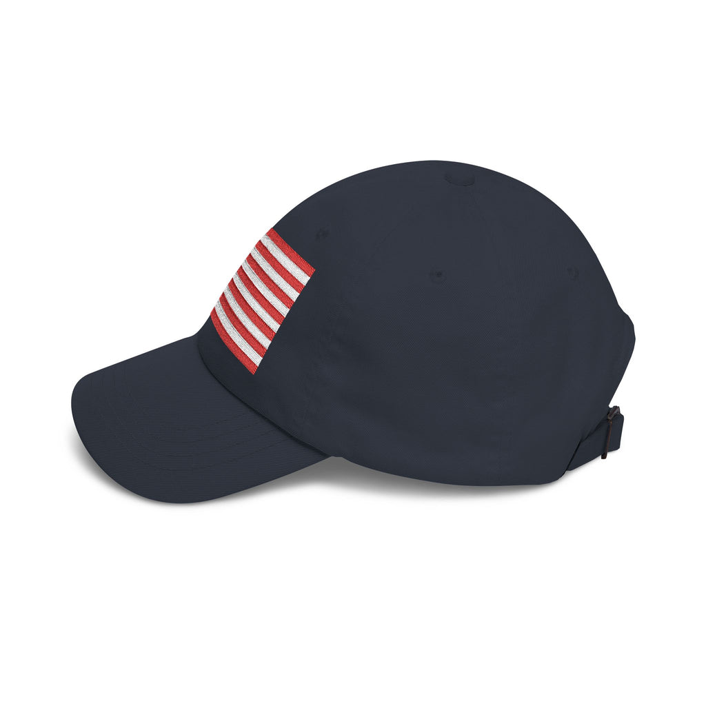 Side view of navy cap with embroidered Betsy Ross Flag