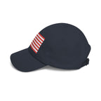 Side view of navy cap with embroidered Betsy Ross Flag