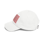 Side view of white cap with embroidered Betsy Ross Flag