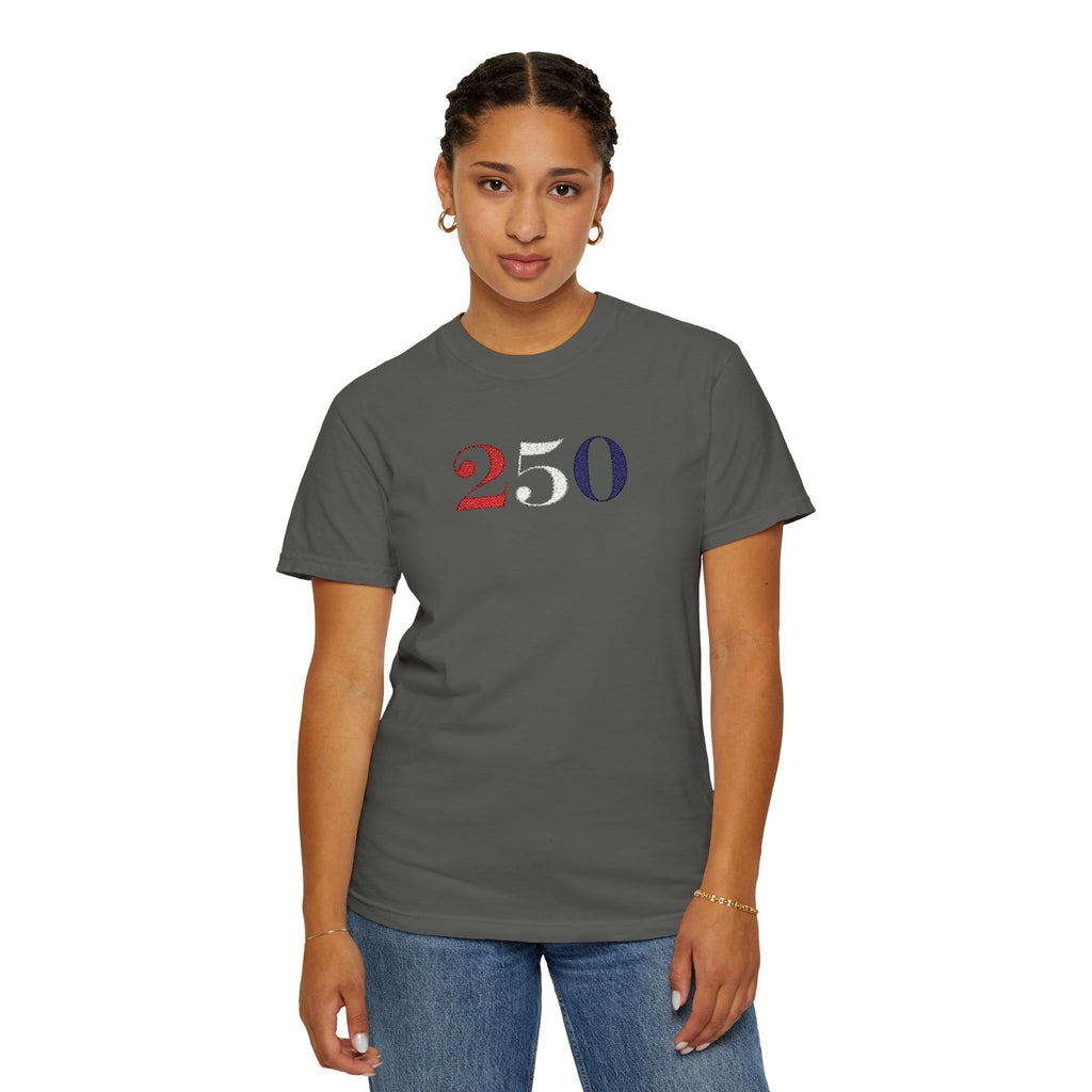 Female model wearing pepper America 250 embroidered t-shirt
