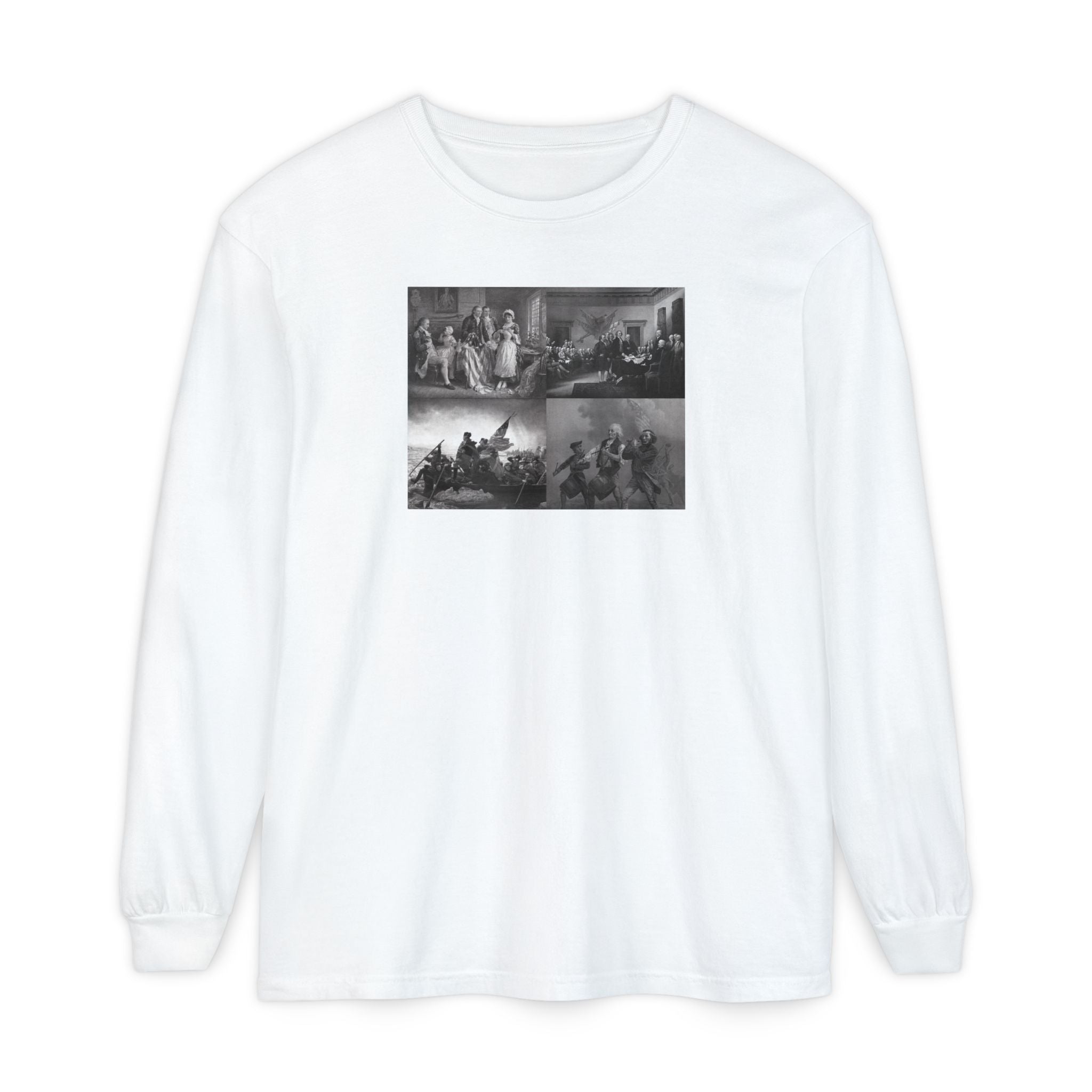 White Comfort Colors t-shirt with a montage of revolutionary war era paintings