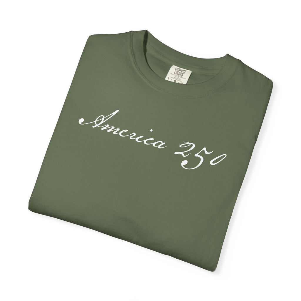 Folded sage America 250 script patriotic t-shirt