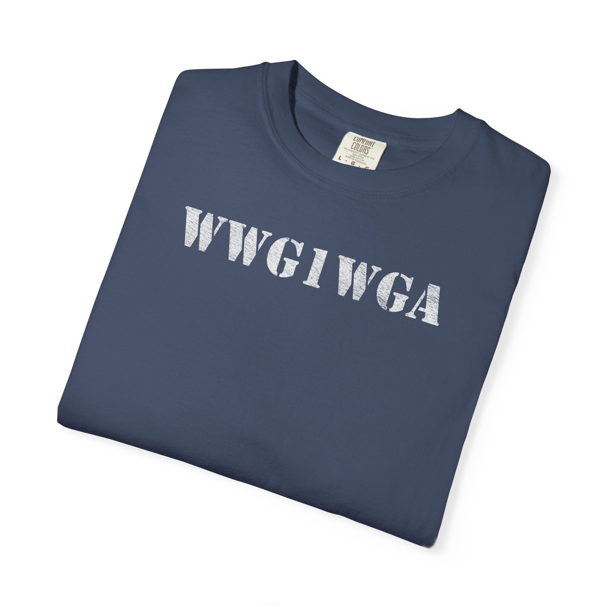 folded WWG1WGA distressed stencil t-shirt in midnight