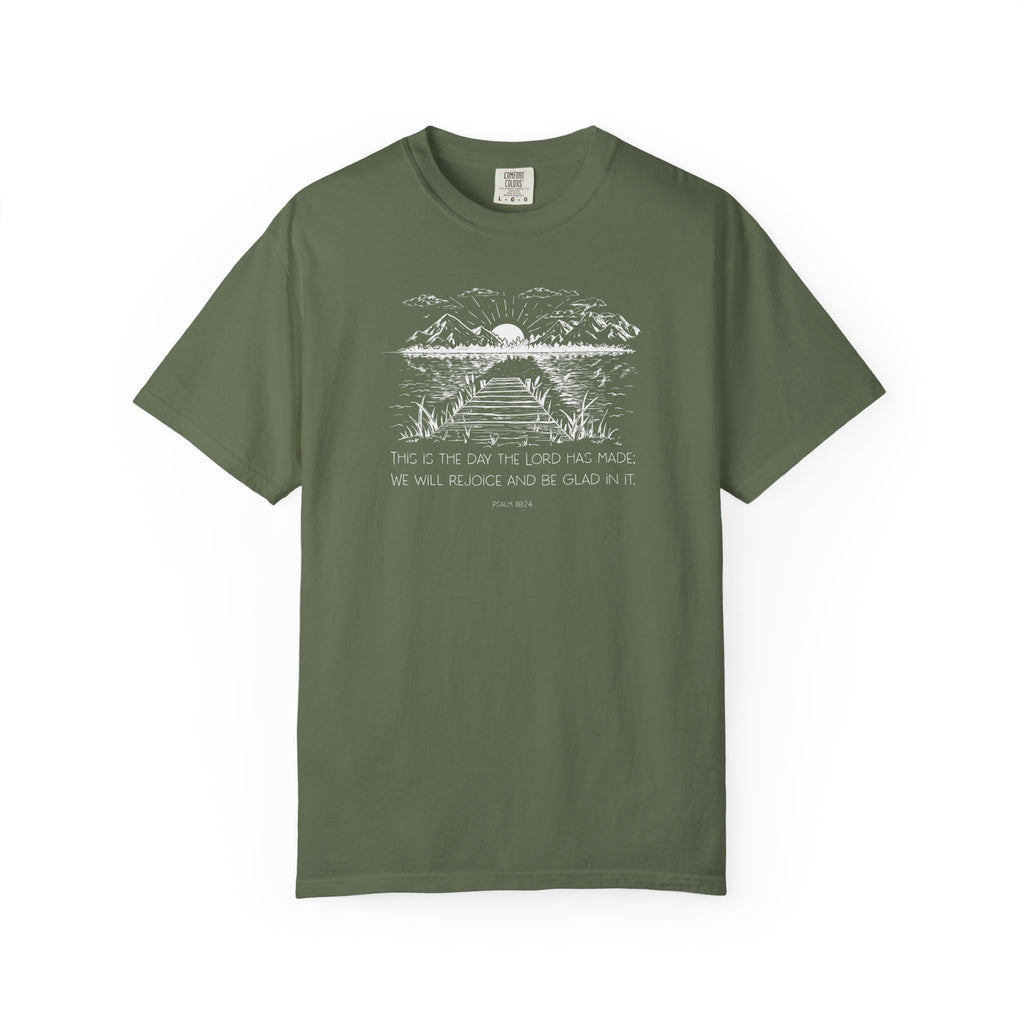 Sage Comfort Colors t-shirt with outdoor graphic and 'This is the day the Lord has made; We will rejoice and be glad in it' underneath
