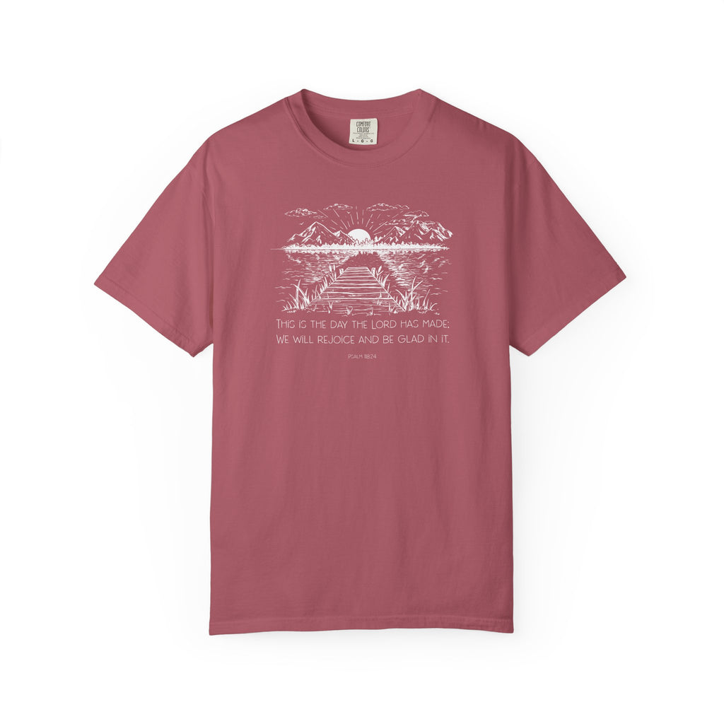 Crimson Comfort Colors t-shirt with outdoor graphic and 'This is the day the Lord has made; We will rejoice and be glad in it' underneath