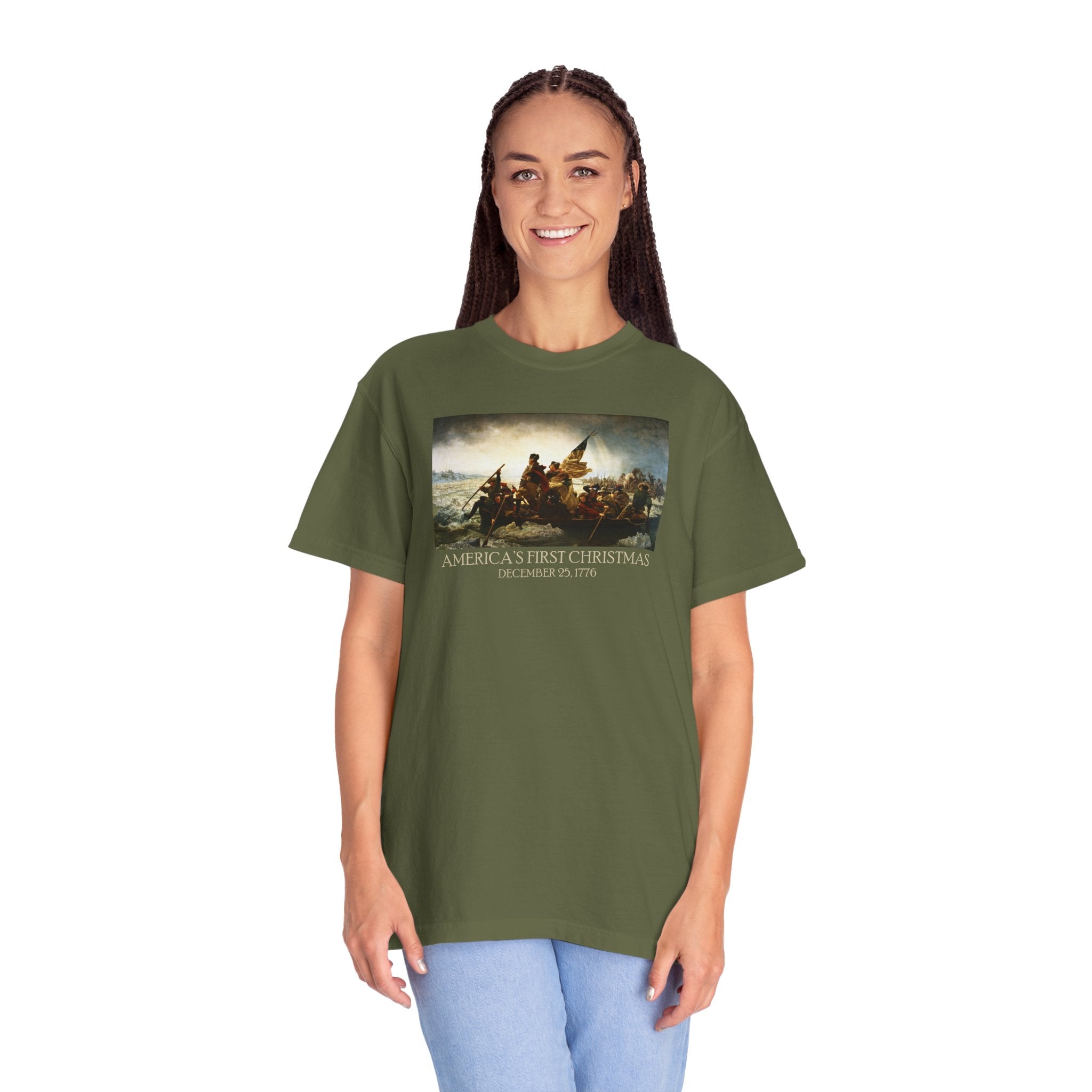 Woman wearing an oversized Hemp Comfort Colors t-shirt with print of Emanuel Leutze’s 'Washington Crossing the Delaware' with 'America's First Christmas December 25, 1776' printed below 