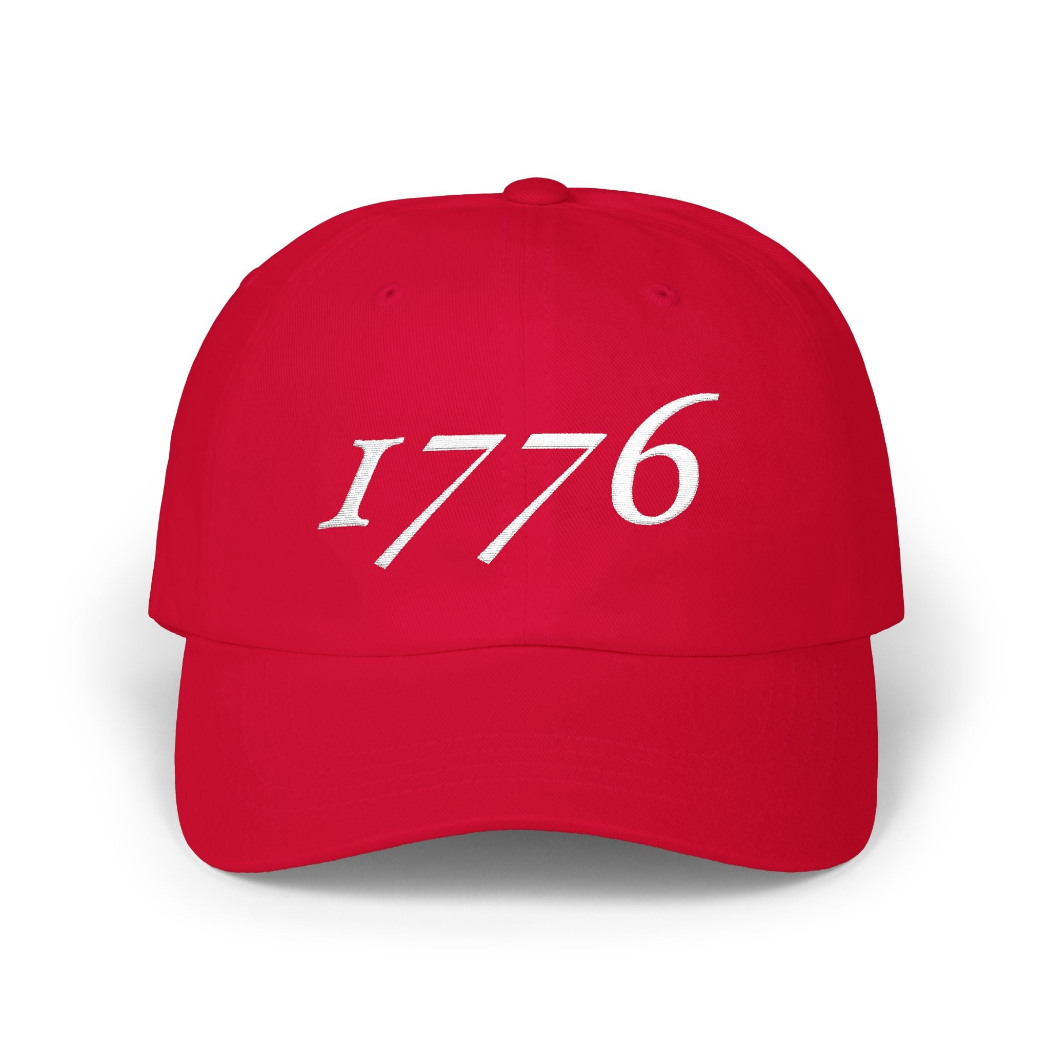 1776 embroidered dad cap in white thread on classic low-profile hat, patriotic America 250 design in cranberry