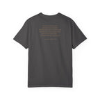 Back view of Samuel Adams tee in graphite with 'If Ye Love Wealth Better Than Liberty' quote