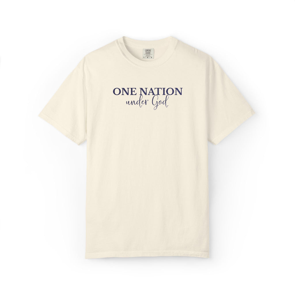 Ivory Comfort Colors t-shirt with embroidered 'One Nation under God' in blue thread
