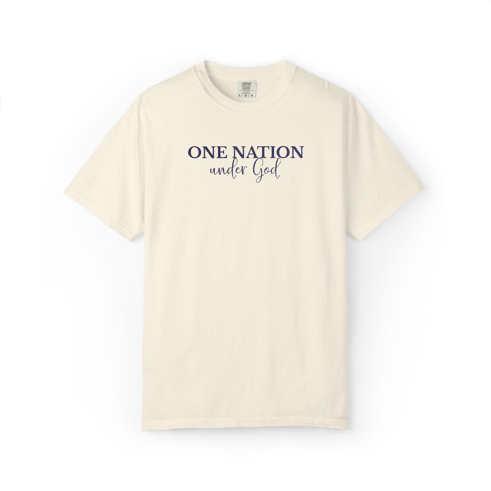 Ivory Comfort Colors t-shirt with embroidered 'One Nation under God' in blue thread
